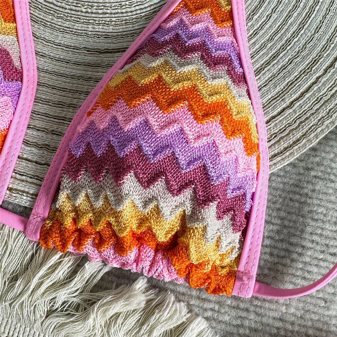 Gestreiftes zweiteiliges Bikini-Set, Neckholder-Bikini, Damen-Badebekleidung, gepolsterter Badeanzug mit hohem Beinausschnitt, Badeanzug, Schwimmbekleidung V7826 – Detail 13