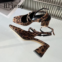 Hlieny New Fashion Leopard Print Narrow Band Buckle Strap Sandals Women Pumps Elegant Square Toe High Heels Wedding Party Shoes