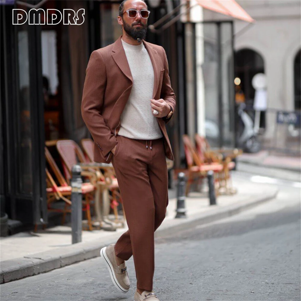 

Marrakech Tile Brown Seersucker Sport-Cut Suit Set for Men, Plus Size XS-5XL Casual Suits, Dinner Party Prom Dresswear