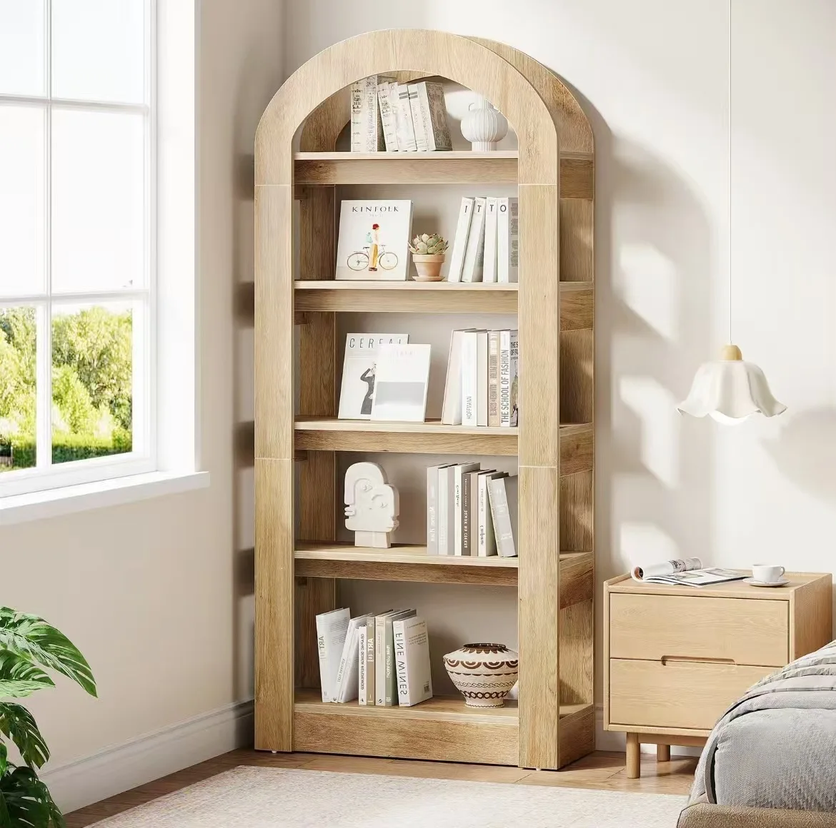 Five-story Bookshelf Arched Shelf High Vertical Wooden Display Stand, Modern Storage