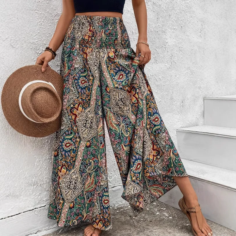 

Women Loose Casual Pants Paisley Pattern Bohemian Style Wide-Leg Pants Colorful Print High-Waisted Loose Fit Beach Pants