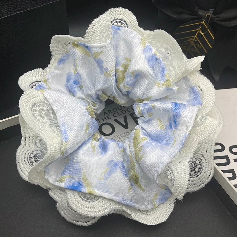 

Модный новый стиль, свежий синий цветочный принт, широкая эластичная повязка для волос, ультра-сказочный образ, повязка для волос с кружевной отделкой.