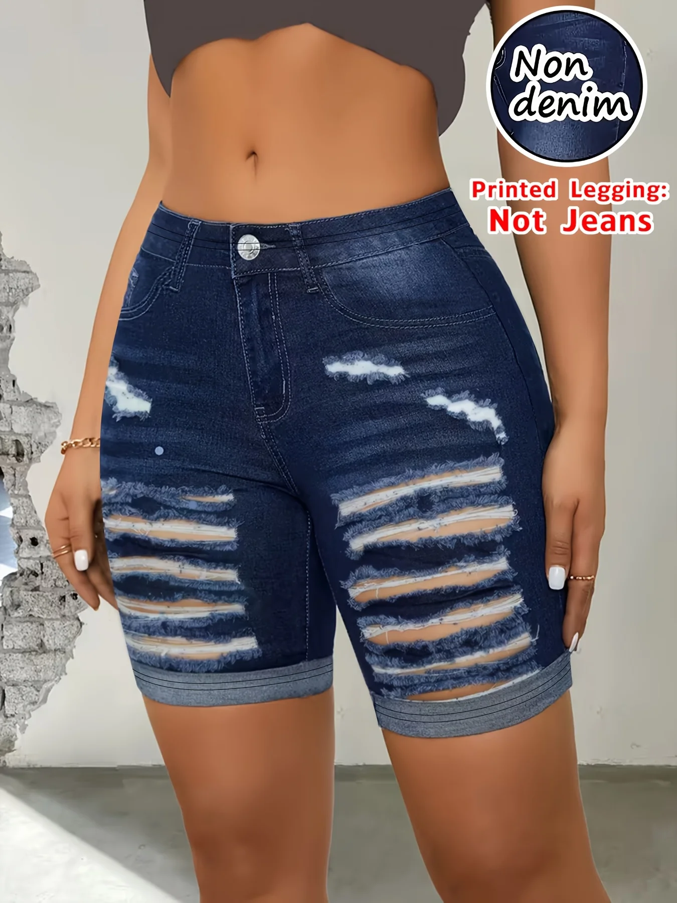 Denim Print Stretch Capri Leggings Women Breathable Outdoor Beach Vacation Shorts
