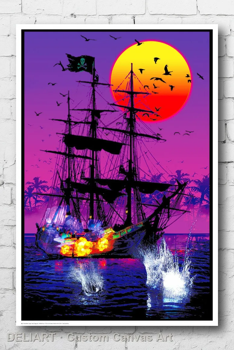 

PIRATE SHIP BATTLE - BLACKLIGHT Canvas Poster Custom Size Available Room Decoration Home Decor Wall Art