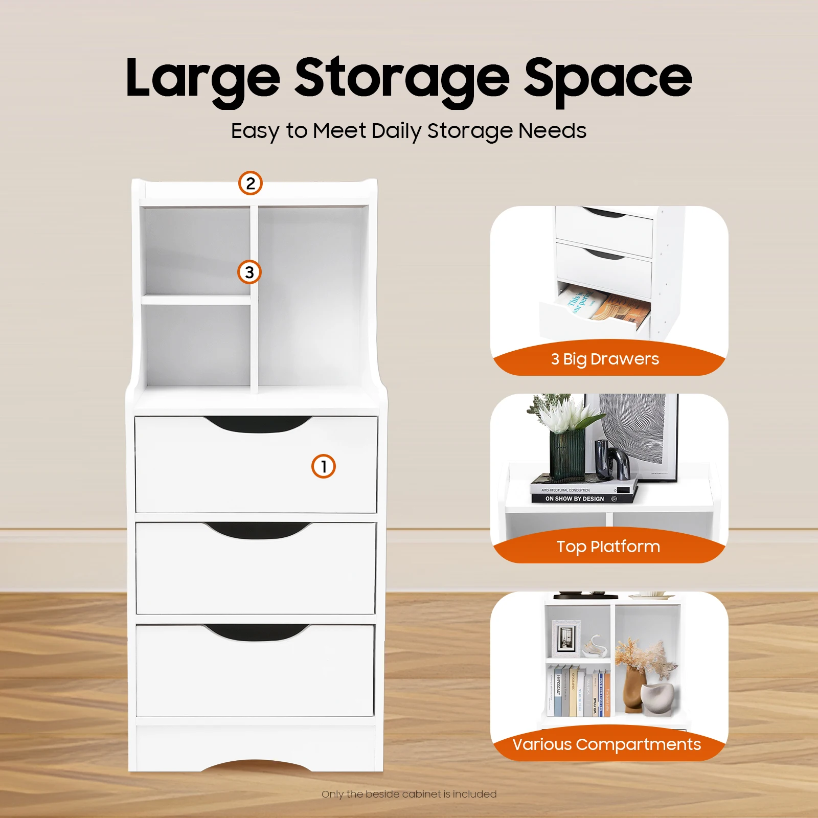 

Vertical Bedside Cabinet w/3 Drawers Board Bedside Table White Nightstand w/Round Corners for Bedroom Living room