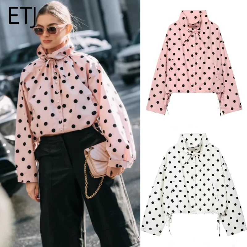ETJ Women's Polka Dot Crop Jacket Long Sleeve High Collar Tie Front Windbreaker Casual Streetwear 2026 Fashion Outfit