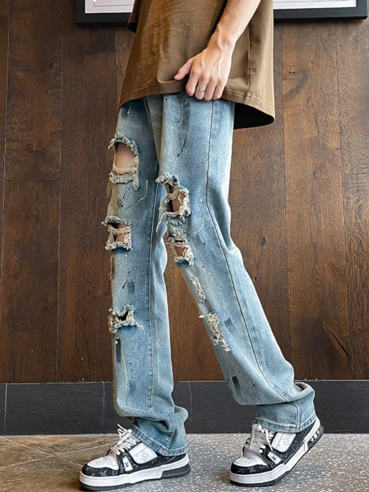 

Свободные прямые джинсы в стиле хип-хоп с эффектом разбрызгивания краски, с высокой талией, длинные брюки для высоких людей, в стиле High Street, модные, с эффектом рваных швов