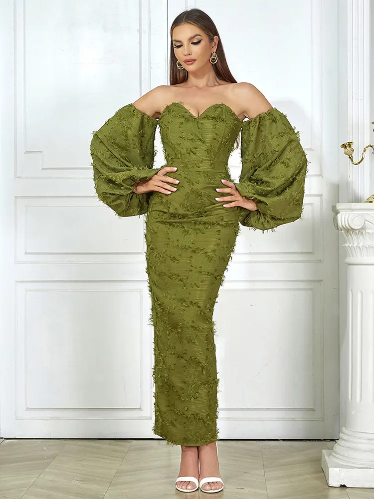 2023 Sexy Green Midi Dress With Off Shoulder Off Neck Design Lantern Sleeves Bodycon Off Back Dress Evening Club Party Vestidos