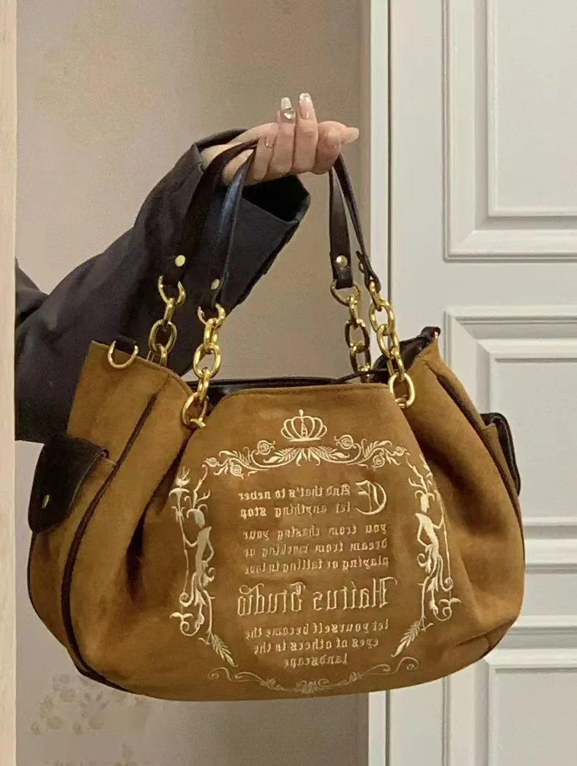 Small Design Retro Art Gothic Letter Large Capacity Bag Embroidery Large Capacity Chain One Shoulder Handheld Tote Bag
