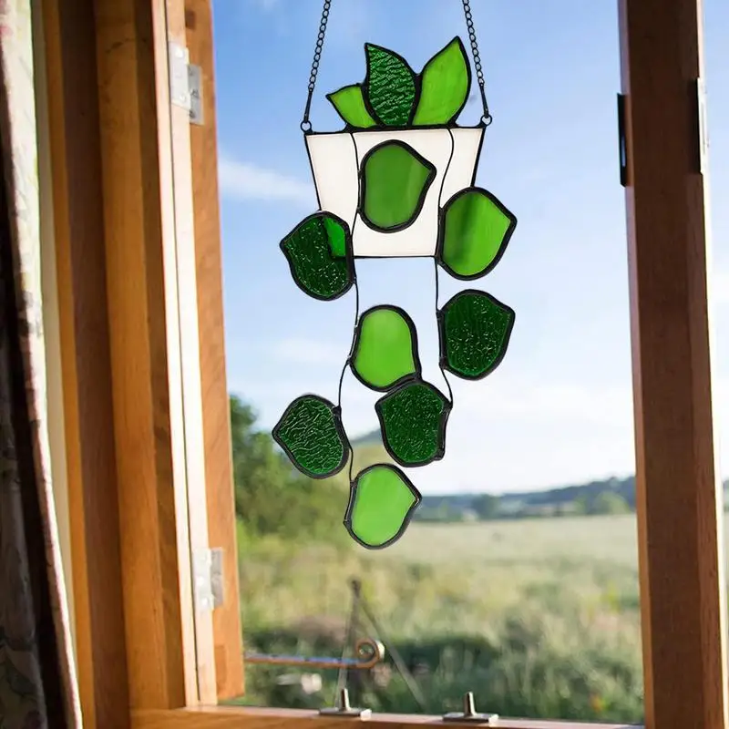 Window Acrylic Suspended Leaf Green Leaves Suspended Pendant Ornament Suncatcher Green Fake Leaves Pendant For Summer Birthday