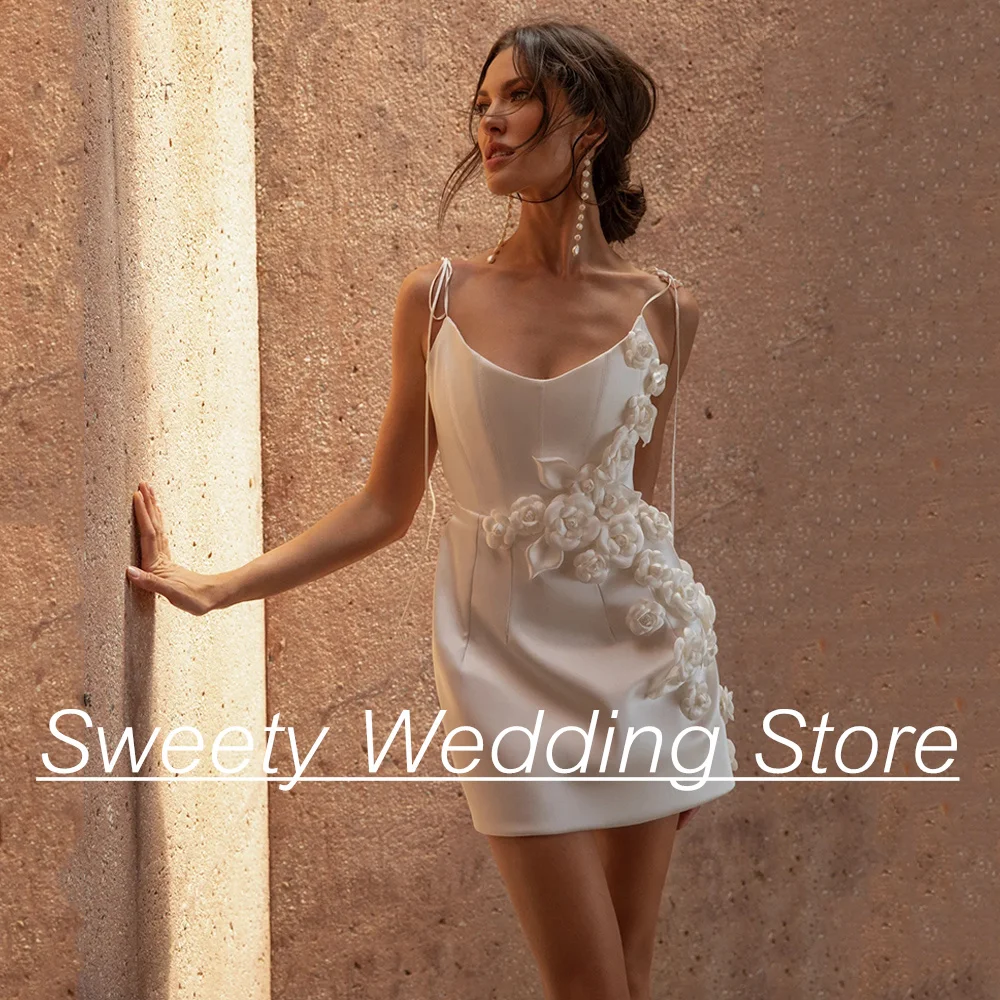 

Sexy Civil Wedding Dress Spaghetti Straps V Neck 3D Flowers Short Bridal Gown Above Knee Mini Bride Dresses Vestido De Noiva