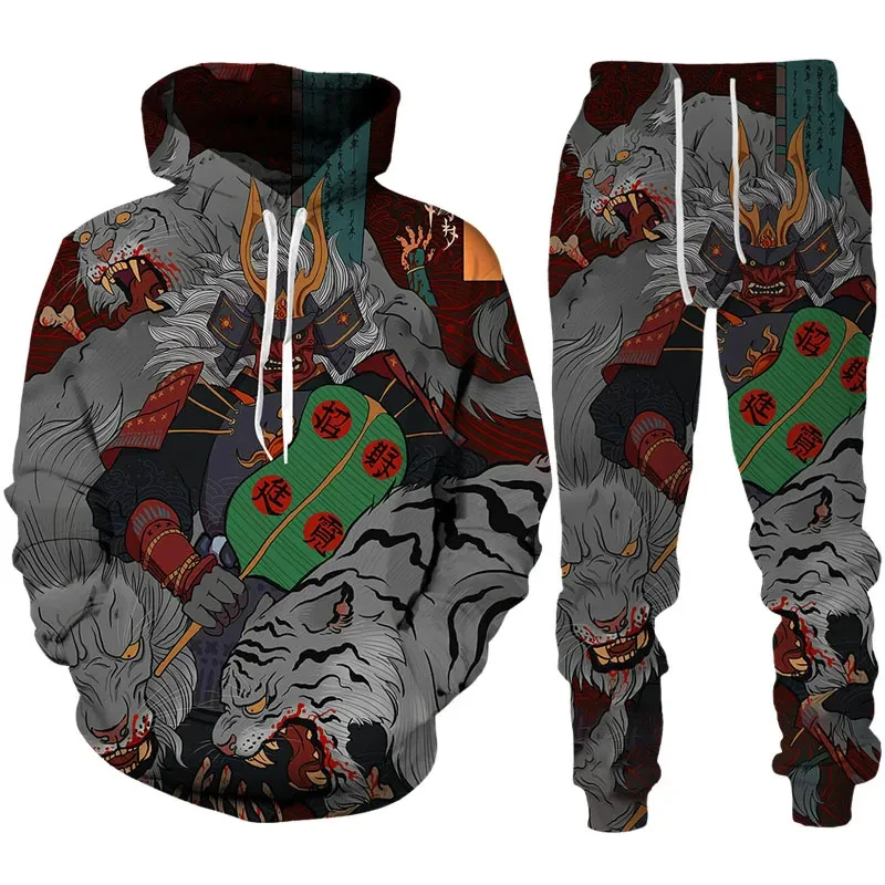 Men's Tracksuit Suits Japan Samurai Oni Mask Tattoo 3D Printed Hoodies Pants 2Pcs Outfits Oversized Sweatshirt Sets Men Clothing