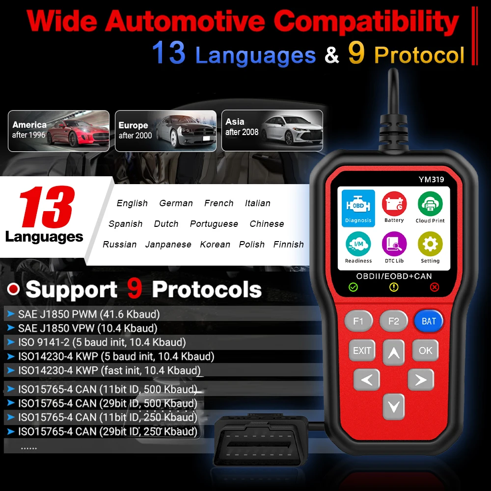 OBD2 Scanner Red YM319 OBDII Diagnostic Professional Mechanic Code Reader Tool For Check Engine Light Cloud Printing