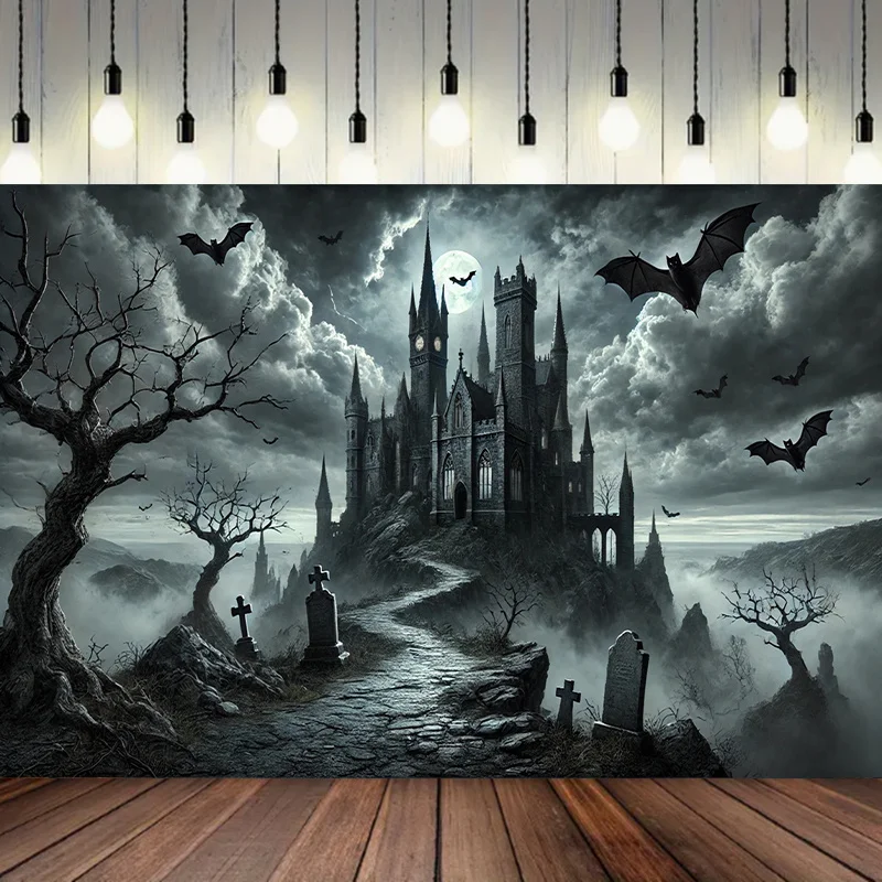 Gotisches Schloss-Nachtansicht-Banner – Multifunktionaler Polyester-Hintergrundstoff, geeignet für Fotografie, Film und Veranstaltungen
