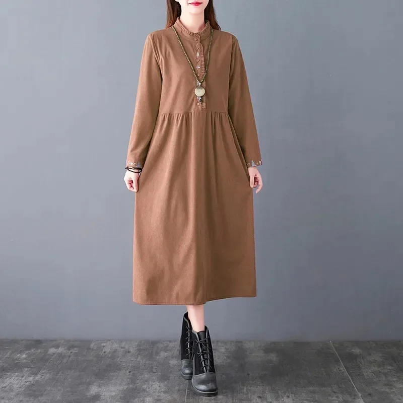 Fashion Corduroy Dress 2024 New Autumn Winter Women Dresses Vestidos Korean Long Sleeve Casual Shirt Dress Blue Red Female A529