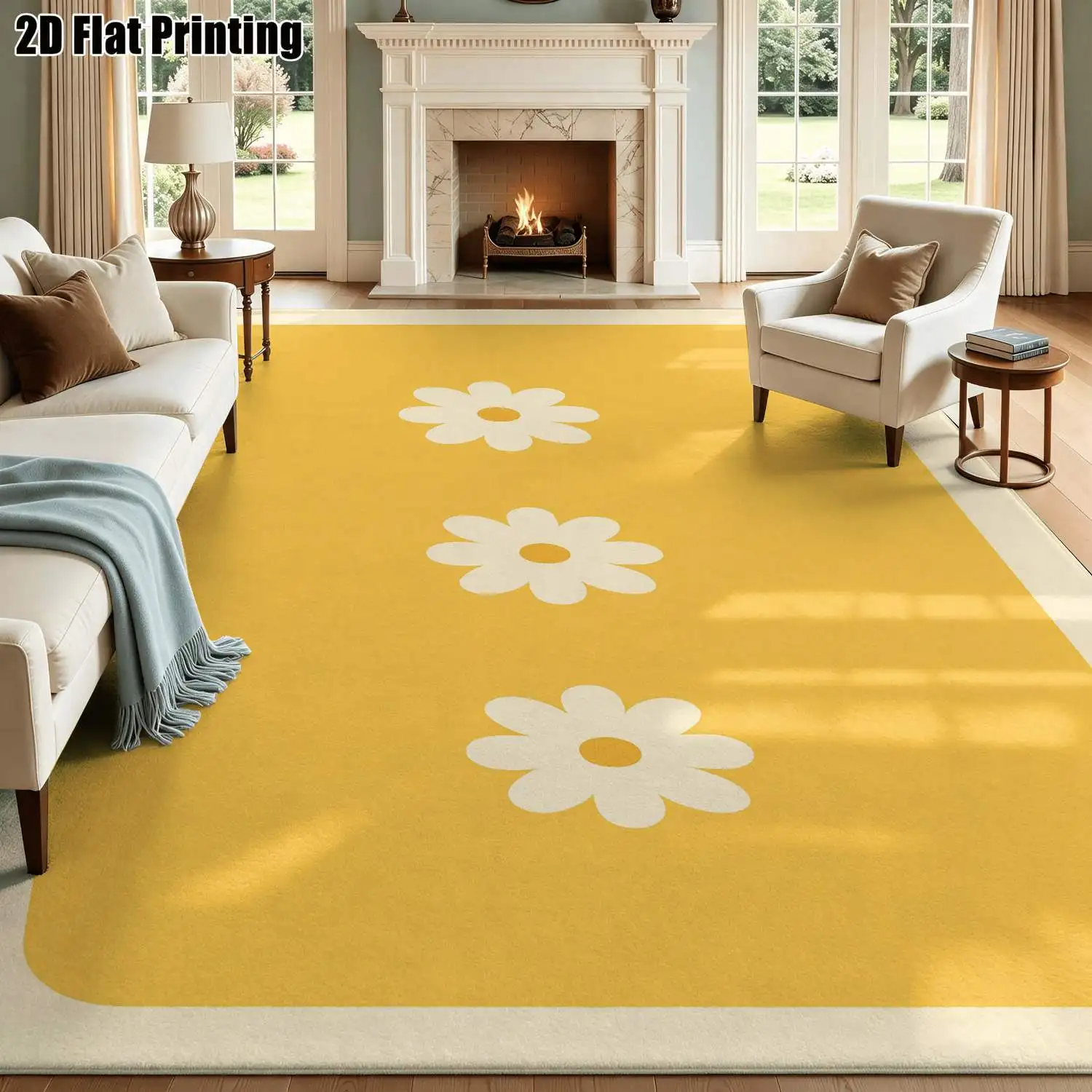 1Pc 2D Printed Carpet with Yellow Floral Patterns, Nordic-Style, Instagram-Inspired, Modern Minimalist Geometric Striped Floor Mat, Home Decor, Multi-Size, Machine Washable, Suitable for Entrance, Dining, Foyer, Bedroom, Living Room