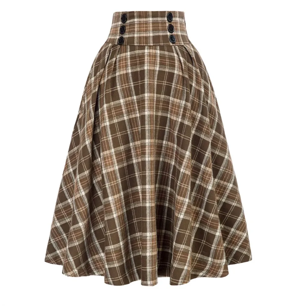 Women Vintage Pleated Plaid Skirt Autumn Winter High Waist Korean Style Preppy Midi Skirts Button Decoration Plus Size Skirt