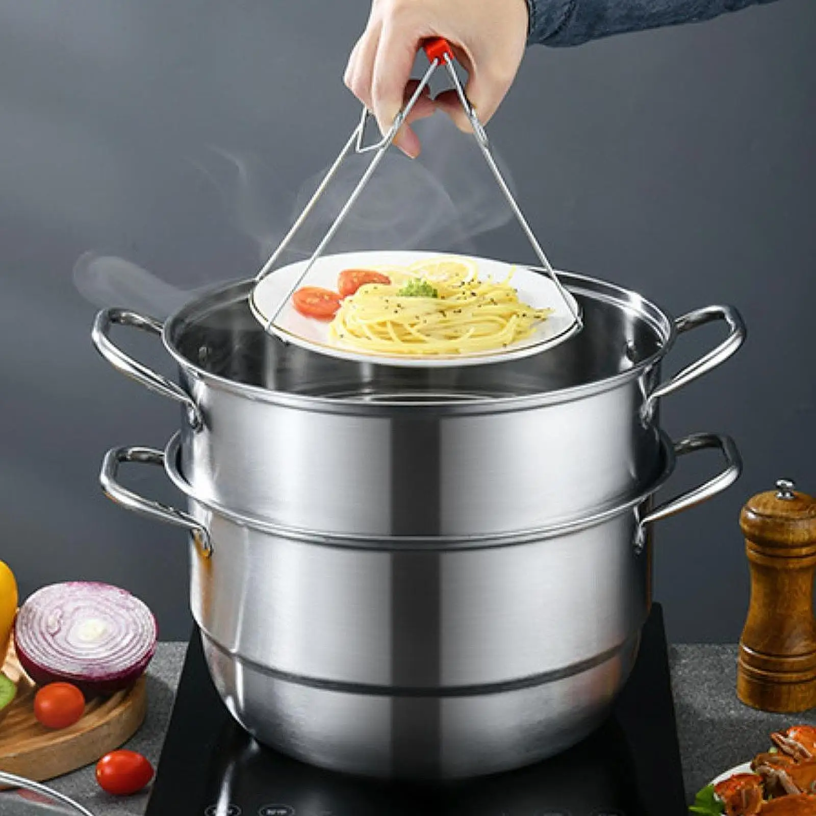 Stainless Steel Steamer Pot 2 Tier Kitchen Steamer Cooker for Egg Pasta Meat