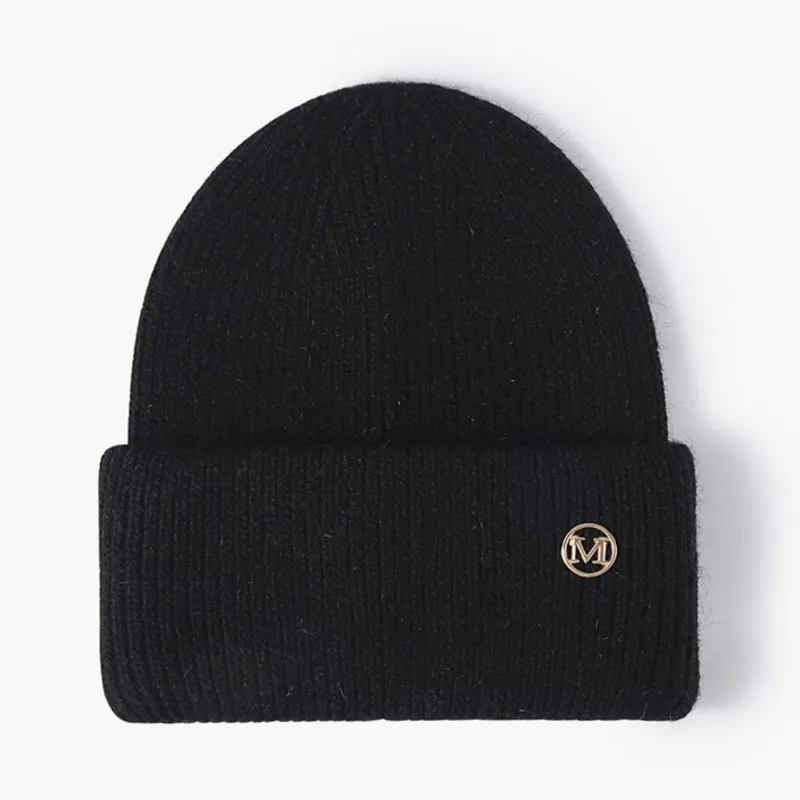 

Winter Rabbit Fur Knitted Women's Hat Fashion Adult Letter M Beanie Outdoor Caps For Men Solid Color Warm And Thick Skullcap