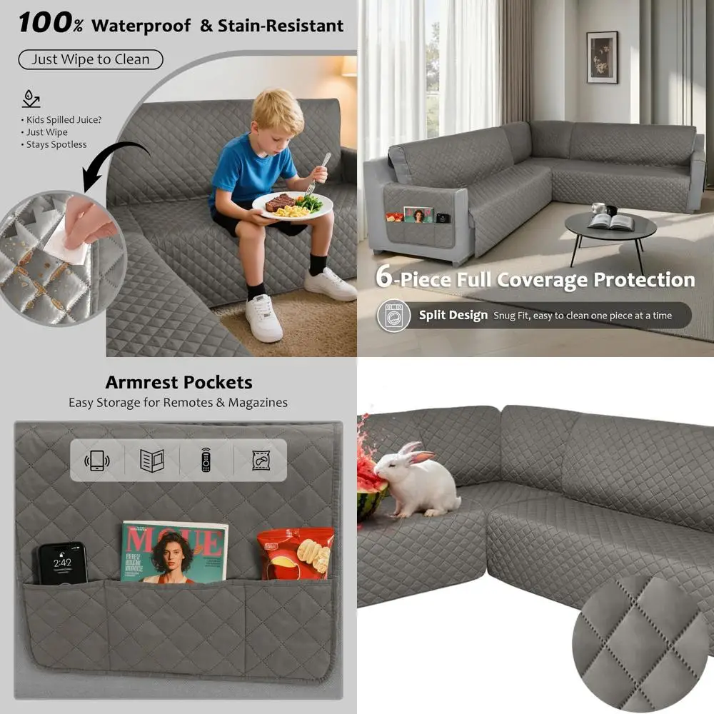 Capa de sofá secional em forma de L de 6 peças à prova d'água, capas de sofá antiderrapantes laváveis, protetor de sofá de canto macio em forma de U para animais de estimação