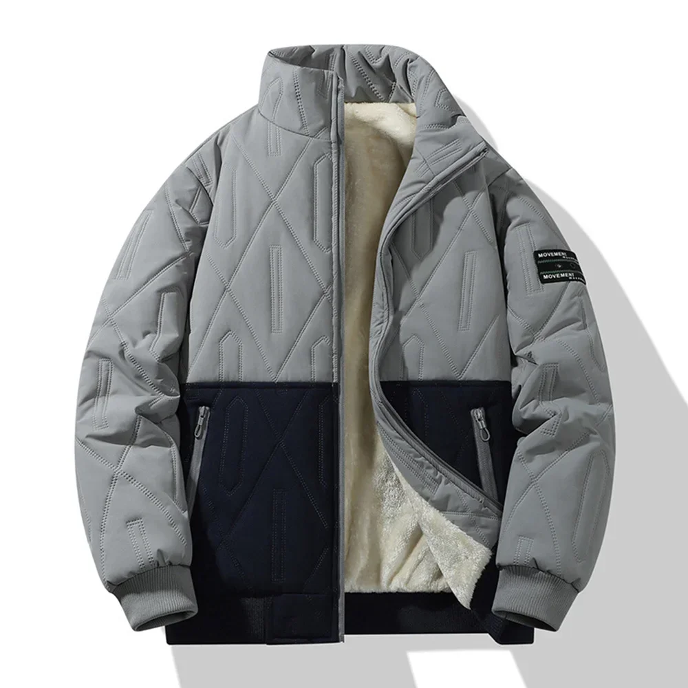 Winter Diamond-Pattern Fleece-Lined Parkas Man Thicken Cotton Coat Man's New Windproof Patchwork Color-Block Stand Collar Jacket