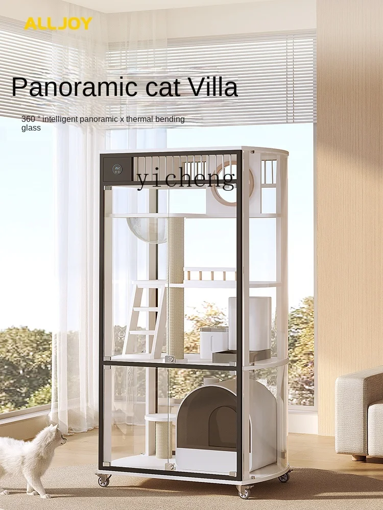 Tqh  Villa Horizontal Glass Cat Cabinet Cat Cage Home Indoor Cat House Large Free Space