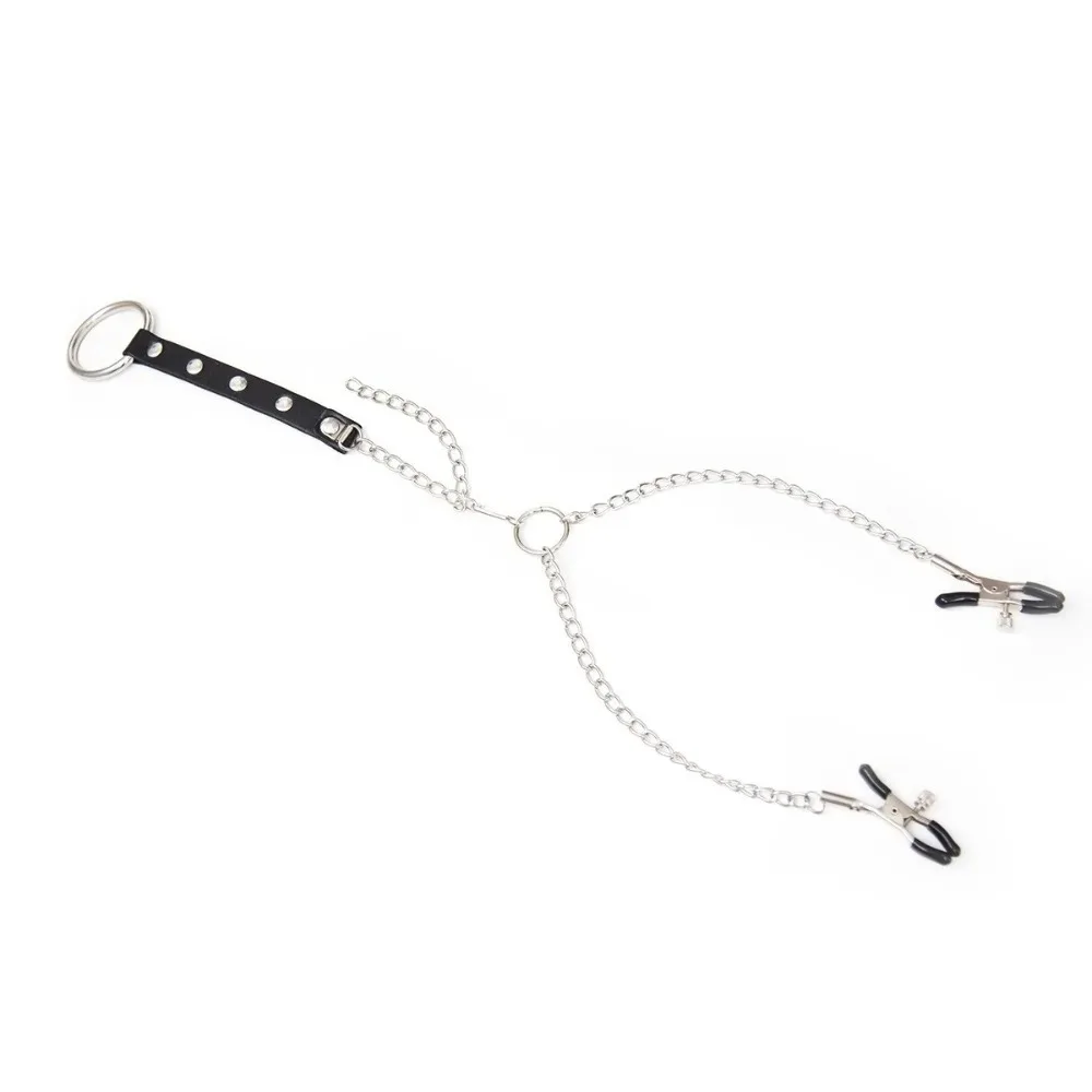 Adjustable Faux Leather Bondage Strap with Metal Ring Chain And Gripping Clips for Intimate Couples Role-Play Game Accessory