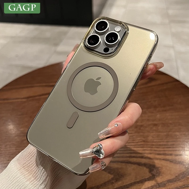 حافظة لهاتف آيفون 16 برو ماكس ذهبية شفافة Magsafe فاخرة رفيعة من البولي كربونات غطاء شحن لاسلكي لهاتف آيفون 12 13 14 15 برو ماكس 16 بلس
