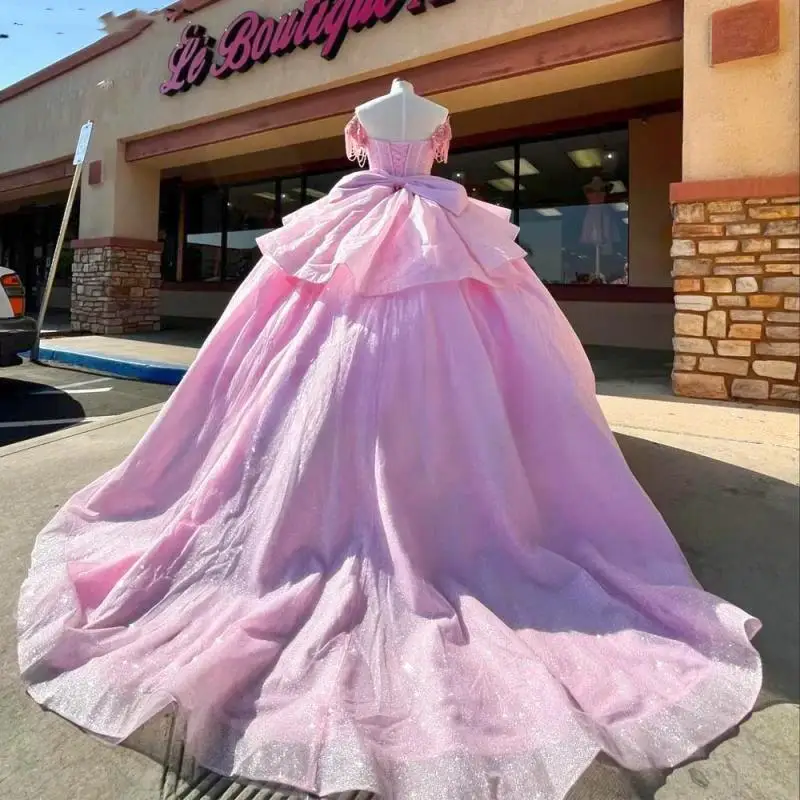 

Sparkling chiffon pink ball gown 15-year-old Quinceanera dress 2025 tassel bead layered off shoulder evening gown customization