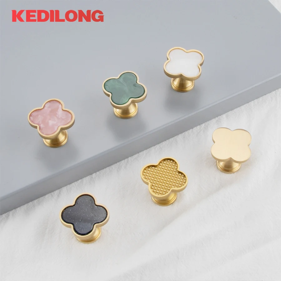 KEDLO Solid brass handle Nordic luxury cabinet drawer hanging clothes hook color creative Four-leaf clover Pull knob