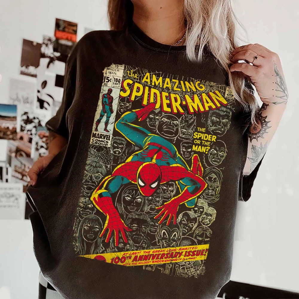 

Футболка с рисунком комиксов «Человек-паук» в стиле ретро, футболка «Человек-паук», унисекс, всесезонный базовый слой из чистого хлопка
