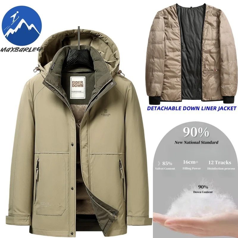 Maxbarley Weiße Ente Unten Jacke Männer Winter Luxus Marke Warme Abnehmbare Liner Unten Jacke Schnee Wasserdicht Mit Kapuze Parka Puffer