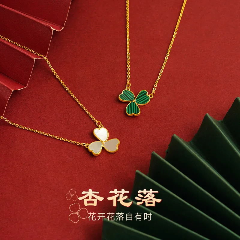 

Luxury 24K 9999 Pure Gold Apricot Flower Drop New Pendant Necklace Women's Fashion All-match Three-leaf Petals Peacock Blue