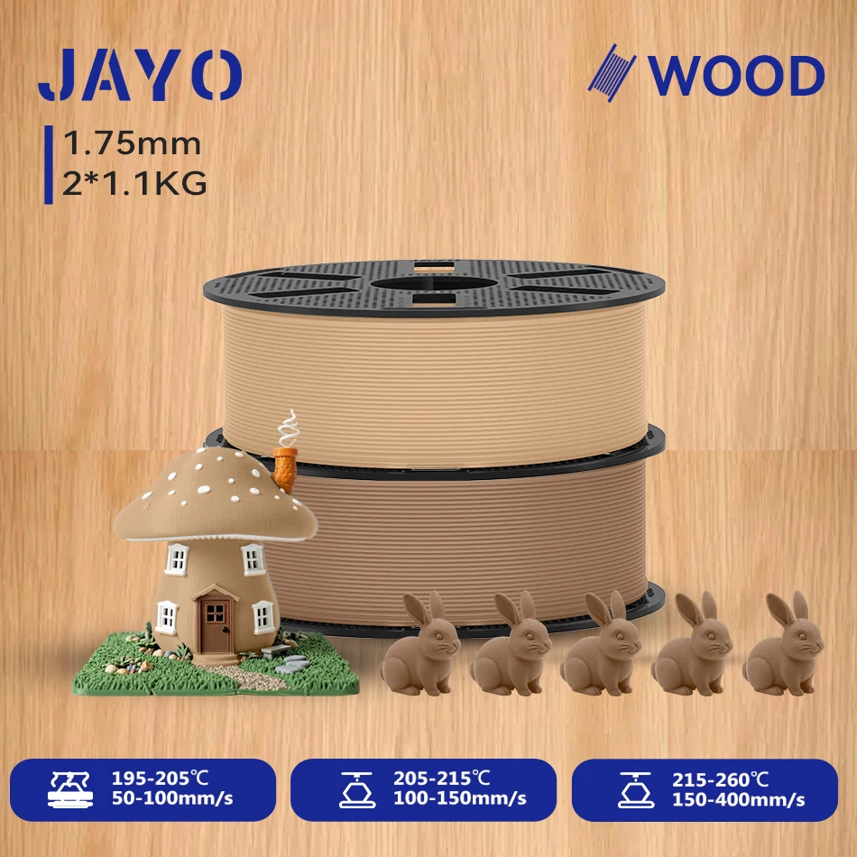 JAYO 2,2KG Holz-PLA 3D-Filament 1,75mm 1,1KG/Rolle PLA Holzstruktur 3D-Drucker-Filament 10-15% Holzfaser 3D-Druckmaterialien