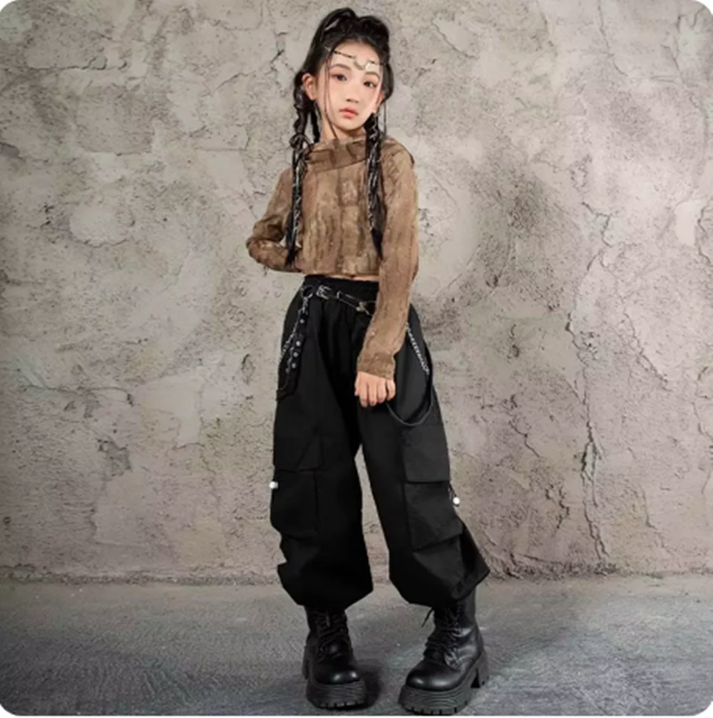 쿨 키즈 재즈 댄스 의상 소녀 스트리트 댄스 무대 의상 케이팝 힙합 쇼 의상 브라운 후디 블랙 카고 팬츠 yj633