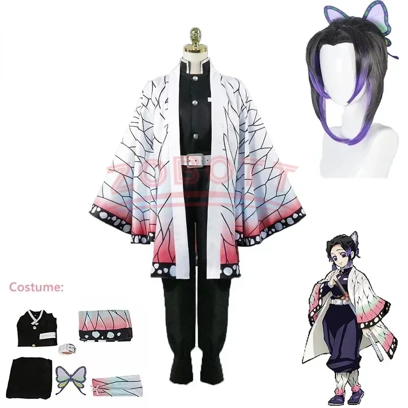 Anime Demon Slayer Kimetsu Geen Yaiba Kochou Shinobu Cosplay Kostuum Pruik Set Kimono Uniform Halloween Anime Kostuums Voor Kid