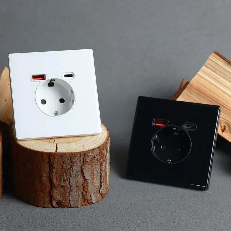 YINKA EU FR Standard USB Wall Outlet Type-C, 20W Fast Charger, Glass Panel, Wall Socket Suitable For Square and Round Box 86Tyoe