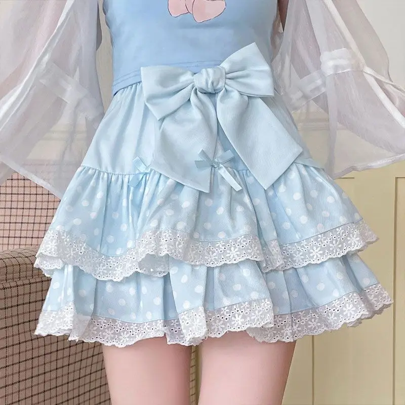 Summer Sweet Bow Lolita Cake Skirts Womens Kawai Lace Ruffles Pleated Skirt Girl Japan Elegant High Waist A-Line Y2k Short Skirt