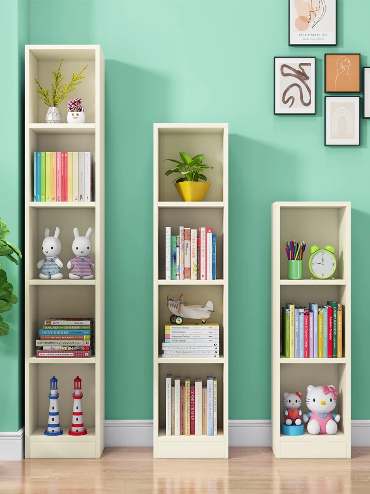 Floor standing small storage rack, living room bookshelf, narrow wall cabinet, white solid wood simple bookshelf