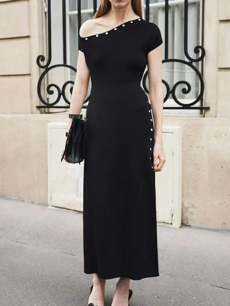 

Sexy Diagonal Collar Metallic Button Knit Dress Women Shrot Sleeve Solid Color A-line Long Dresses Elegant Evening Party Knit