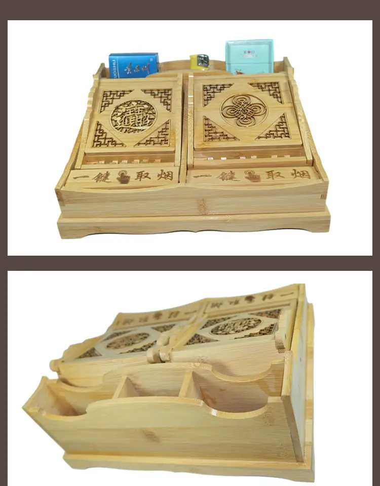 Bamboo Pop-up Cigarette Storage Box Automatic Ordinary Thick Cigarette Case Ceramic Ashtray Chinese Cultural Patterns