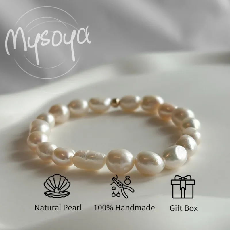 

MYSOYA Белый браслет из пресноводного жемчуга в стиле барокко 8-9 мм с подарочной коробкой для него/е на день рождения/свадьбу/Рождество/новогодний подарок