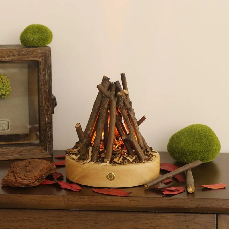 Handmade Wooden Simulated Bonfire Light, Desktop Log Night Light, USB Charging, 3 Modes LED Breath Flame, Flameless Candle Decor