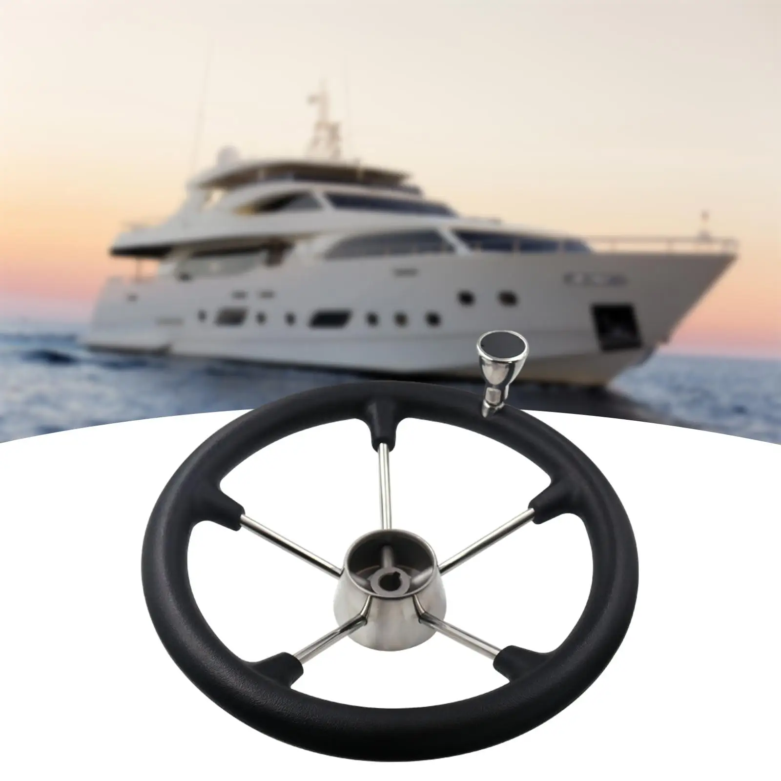 

Boat Steering Wheel 5 Spoke Black PU Foam Grip W/Knob (Diameter: 355mm) 25 Degree Dish