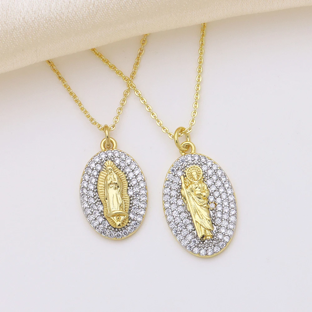 5 pcs/lot Wholesale Hot Sell Gold Plated Brass CZ Paved Oval Religious Saint Medal Pendant Necklace Women Prayer Jewelry