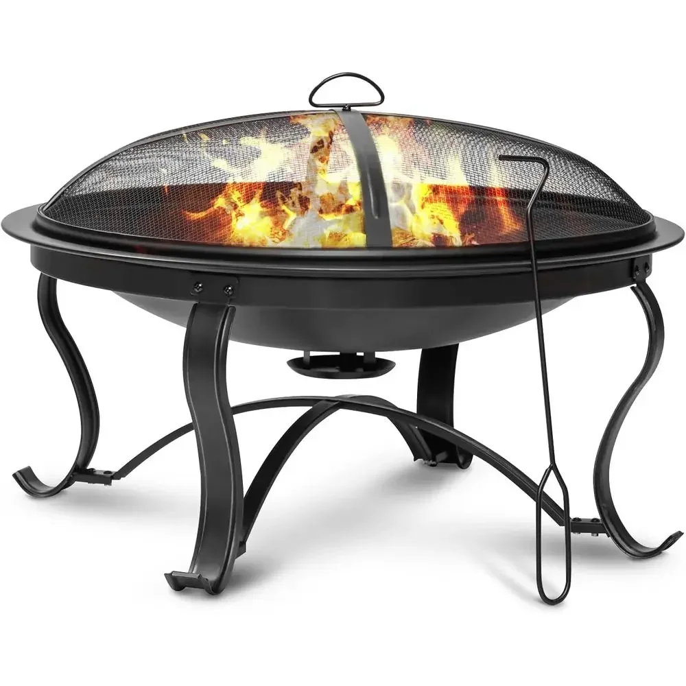 29 Inch Outdoor Steel Wood Burning Fire Pit with Ash Pan, Spark Screen, Log Grate, and Poker in Bronze Finish