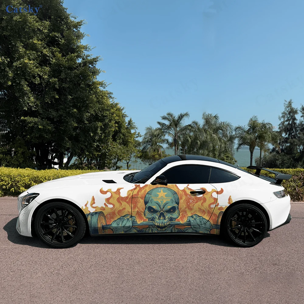 Skull Dumbbell Flame Car Vinyl Wraps Decal Self-adhesive PVC Sticker Suitable for Trucks SUV Decoration Auto Accessories Gift