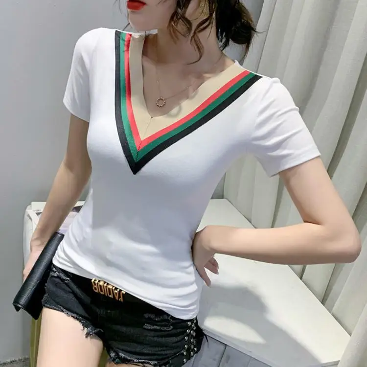 

2025 Summer New Color-blocking Versatile Temperament V-neck Short-sleeved T-shirt for Women Slim Fit Pullover