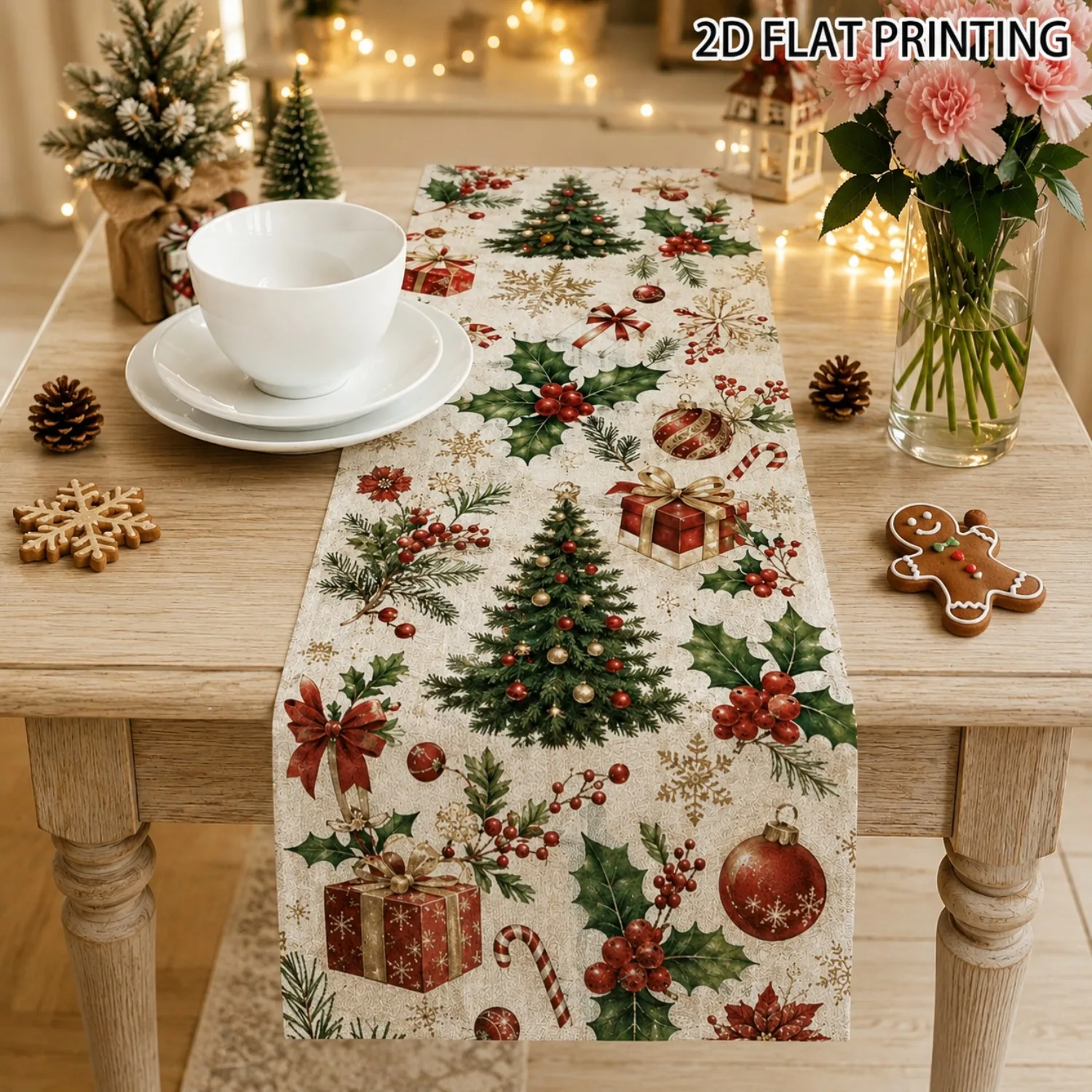 Christmas Table Runner Xmas Tree Gift Holly Berry Print Multi Sizes Tablecloth Dining Table Kitchen Living Room Holiday Home Dec