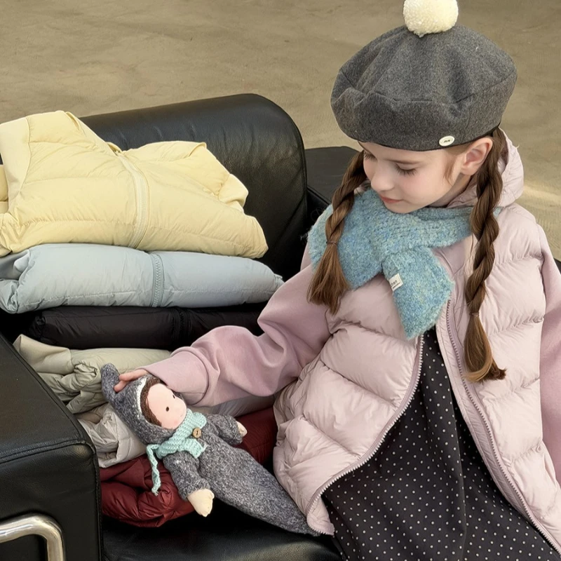 

2025 Winter New Children's Hot Selling Splicing Solid Color Hooded Thin Down Jacket